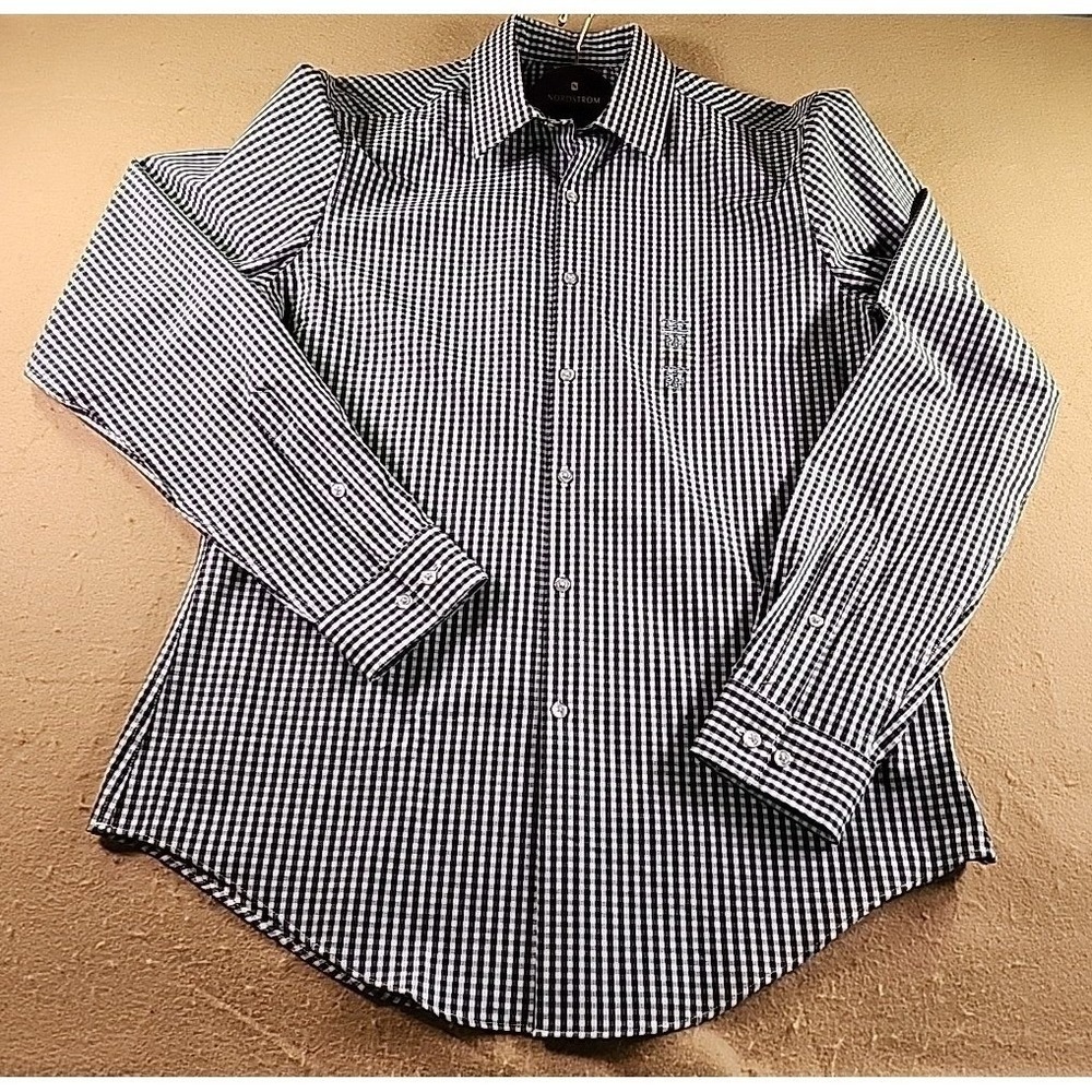 Van Heusen Flex3 Slim Fit Shirt Mens 15-15.5 34/35 M Black White Gingham Dress